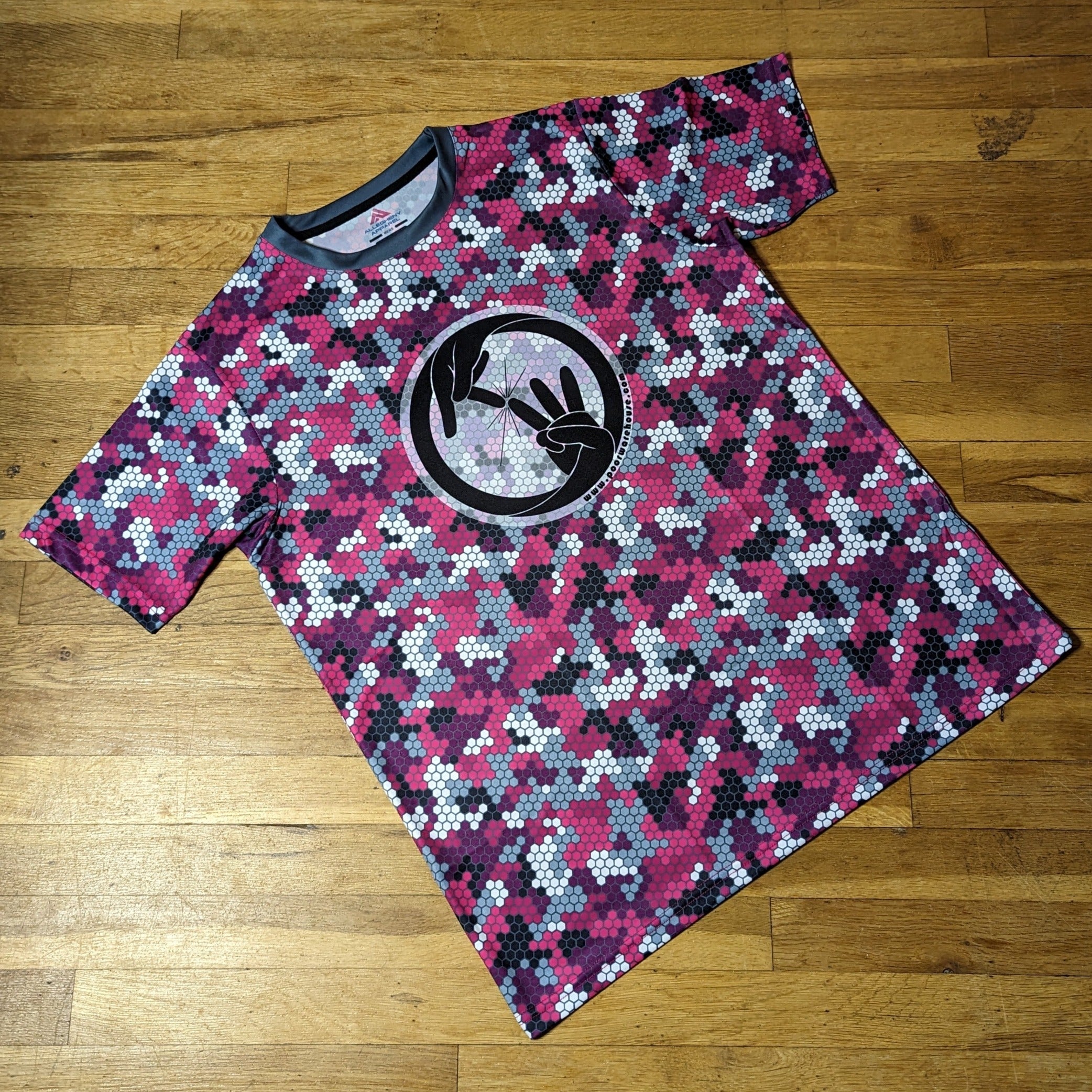 ALLEGHENY APPAREL Pink Camo Series Sublimation T-Shirt with Poor Warehouse Logo